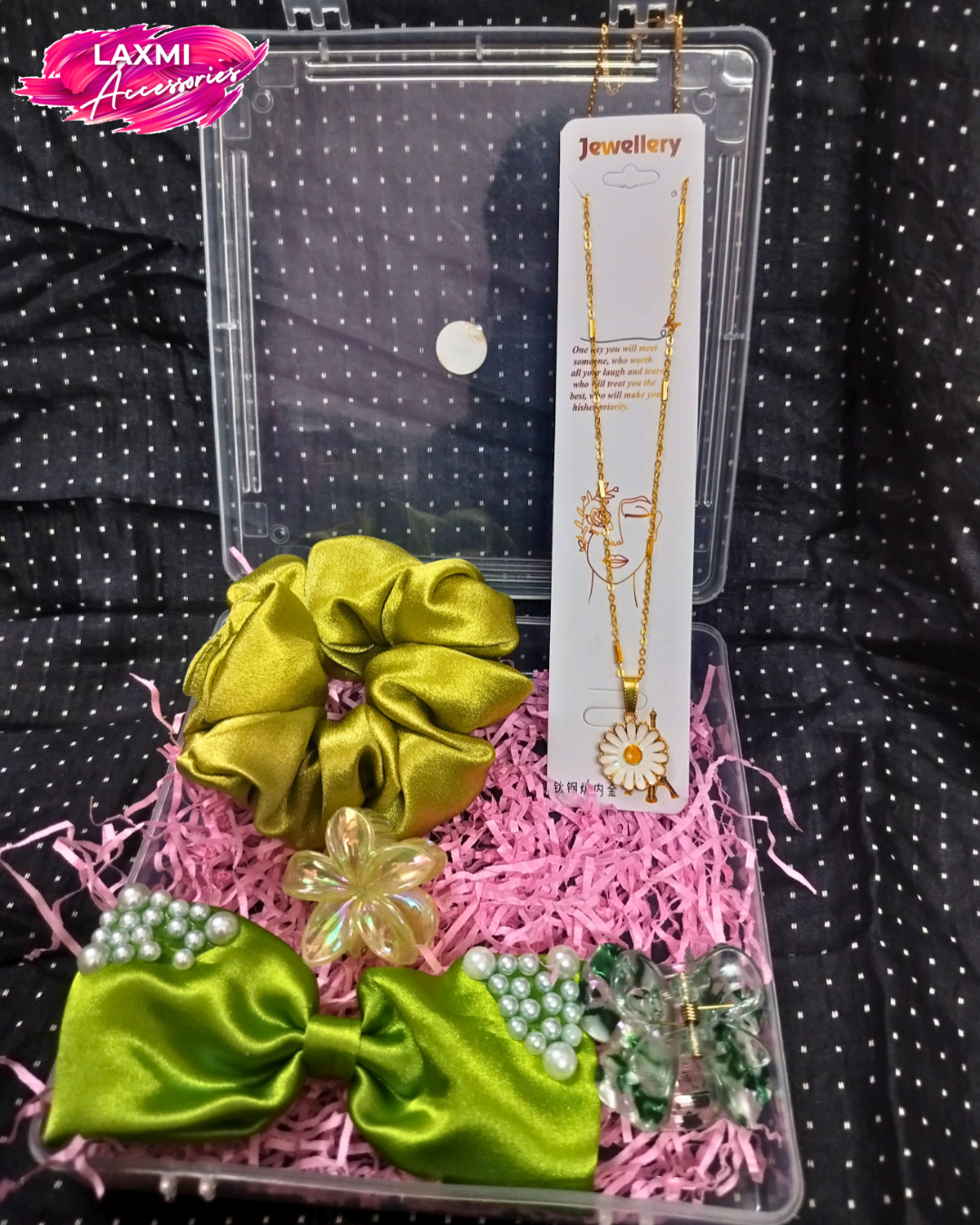 Premium Hair Accessories Hamper Box with Scrunchie, Bow, Pendant & Claw Clips