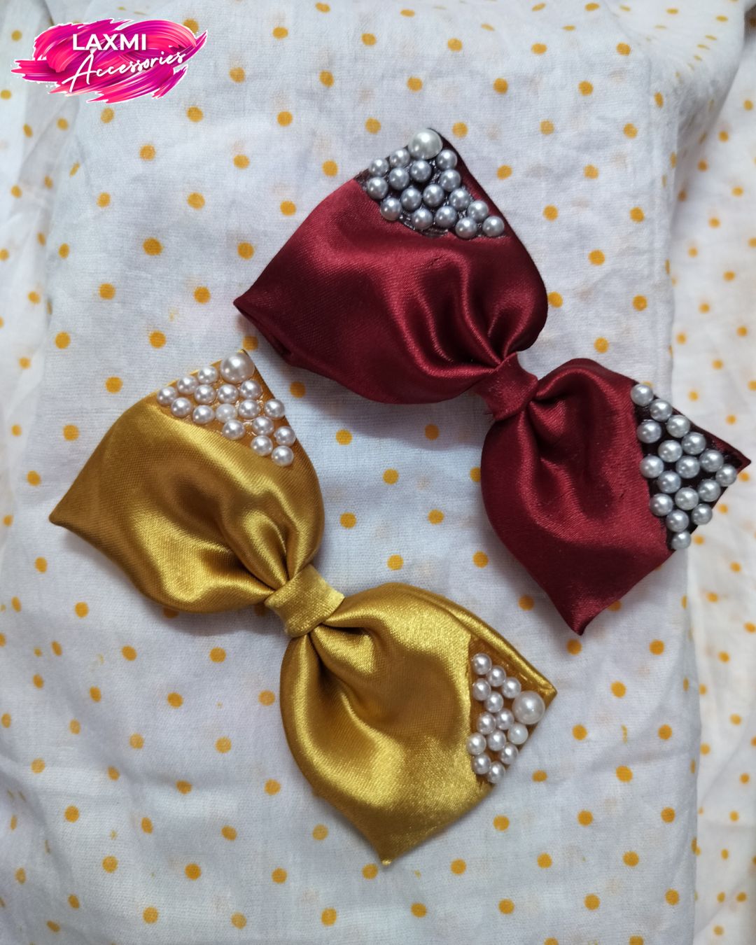 Premium Satin Hair Clips Pearl Design Bows – (Pack of 2)