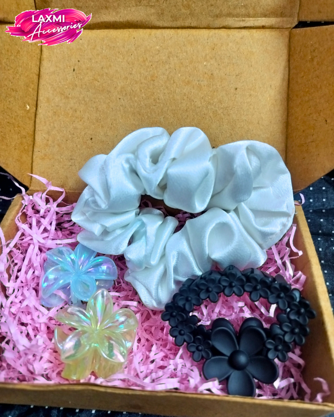 Premium Satin Scrunchie with Pastel & Flower Clips – Free Shipping 🚚 + Free Gift Included 🎁✨